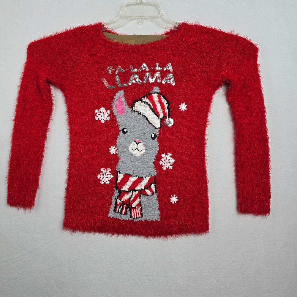 Girls Justice Red "Fa La‎ La Llama" Fuzzy Holiday Christmas Sweater Size 12 ugly